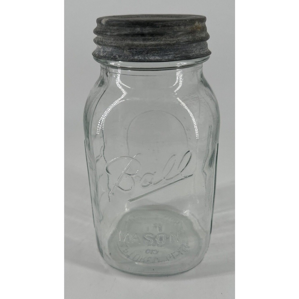 Ball Mason Canning Jar Qt Blue Tint Glass Measure Sculptured 62 C10 w/Zinc Lid